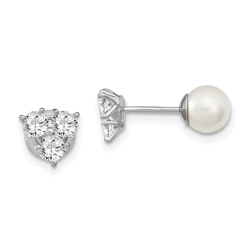 Sterling Silver Rhodium-Plated Polished White 5-6mm Imitation Shell Pearl & Cz Reversible Post Earrings