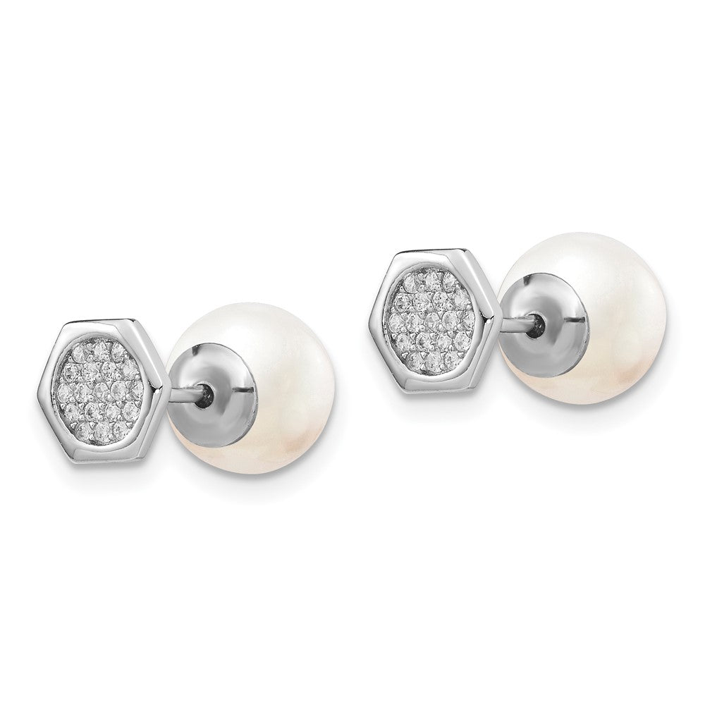 Sterling Silver Rhodium-Plated Polished White 8-9mm Imititation Shell Pearl & Cz Hexagon Reversible Post Earrings