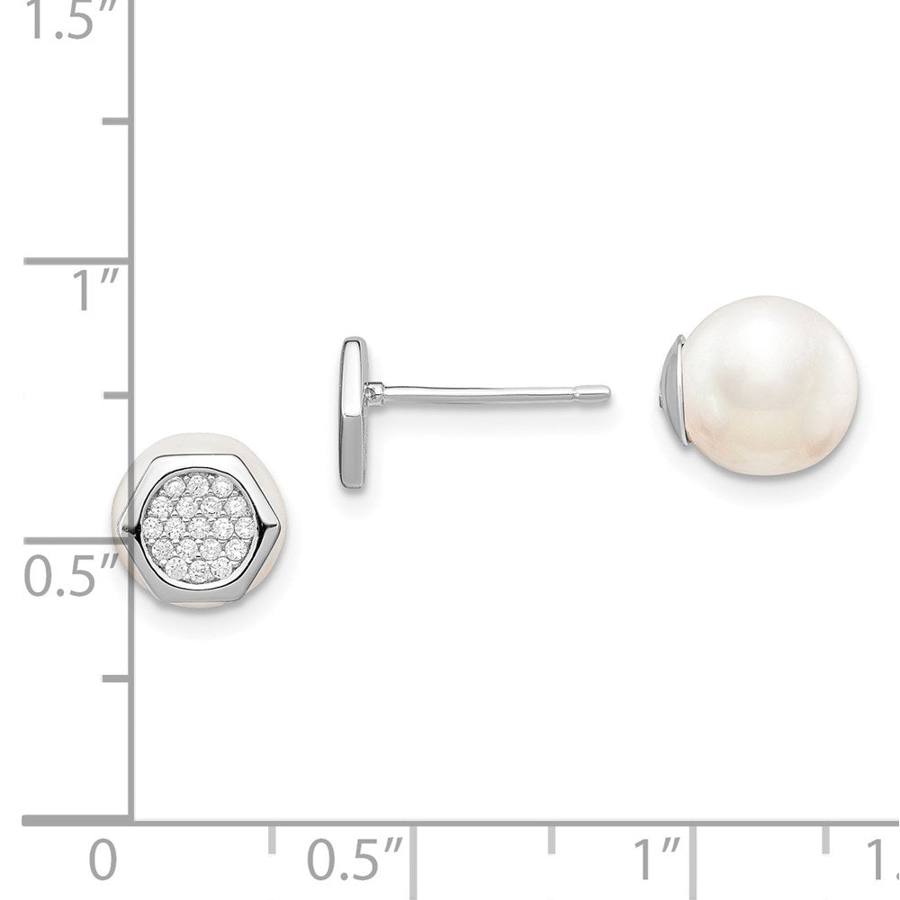 Sterling Silver Rhodium-Plated Polished White 8-9mm Imititation Shell Pearl & Cz Hexagon Reversible Post Earrings