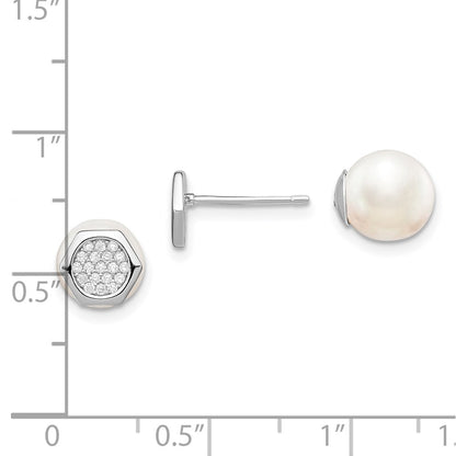 Sterling Silver Rhodium-Plated Polished White 8-9mm Imititation Shell Pearl & Cz Hexagon Reversible Post Earrings