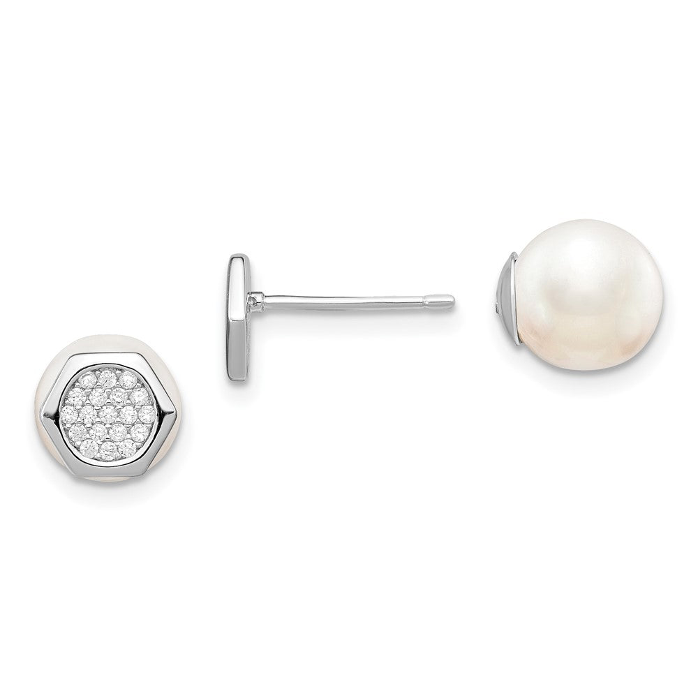 Sterling Silver Rhodium-Plated Polished White 8-9mm Imititation Shell Pearl & Cz Hexagon Reversible Post Earrings