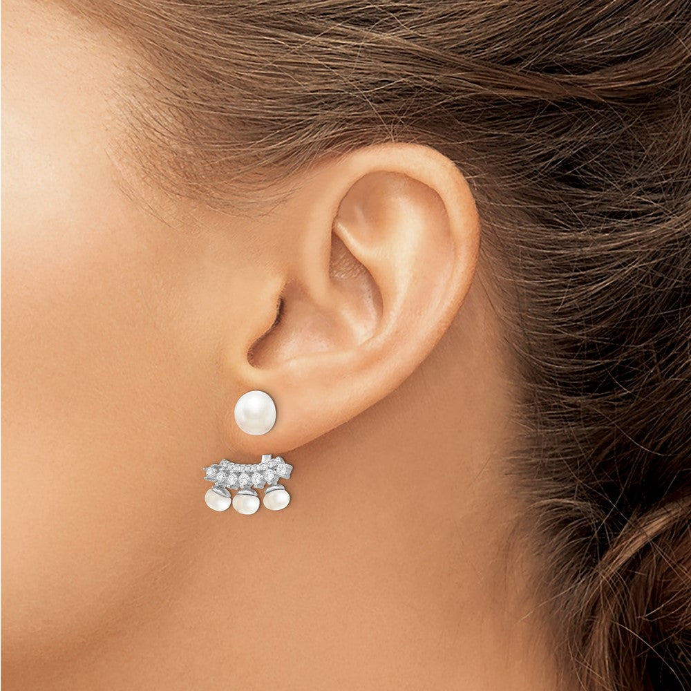 Sterling Silver Rhodium-Plated Polished Fancy White 5-8mm Freshwater Cultured Pearl & Cz With Jacket Post Earrings
