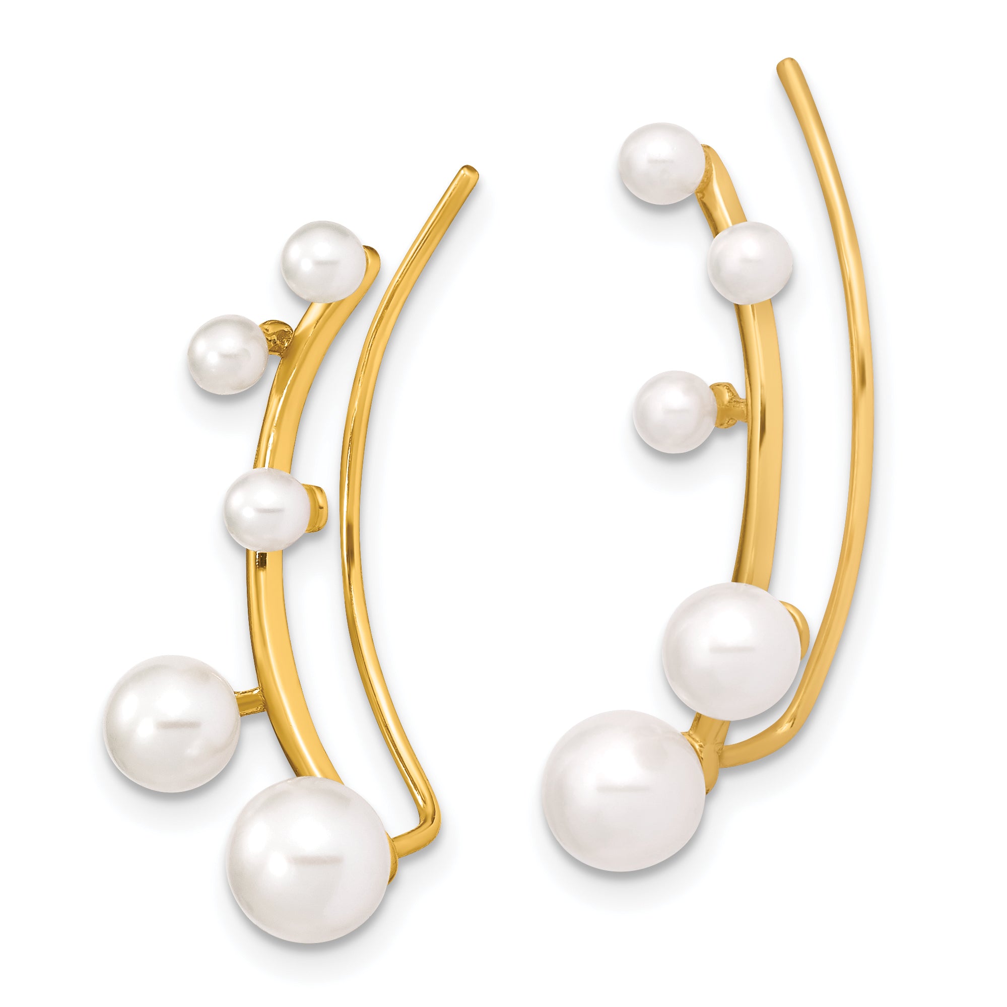 Sterling Silver Gold-Tone Polished White 3-6mm Freshwater Cultured Pearl Ear Climber Earrings