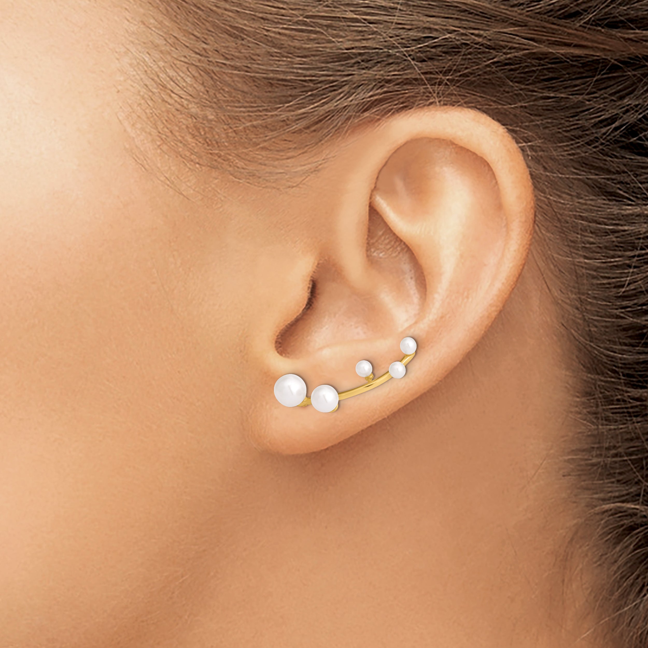 Sterling Silver Gold-Tone Polished White 3-6mm Freshwater Cultured Pearl Ear Climber Earrings