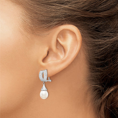 Sterling Silver Rhodium-Plated 8-9mm Rice Fwc Pearl Cz Omega Back Earrings