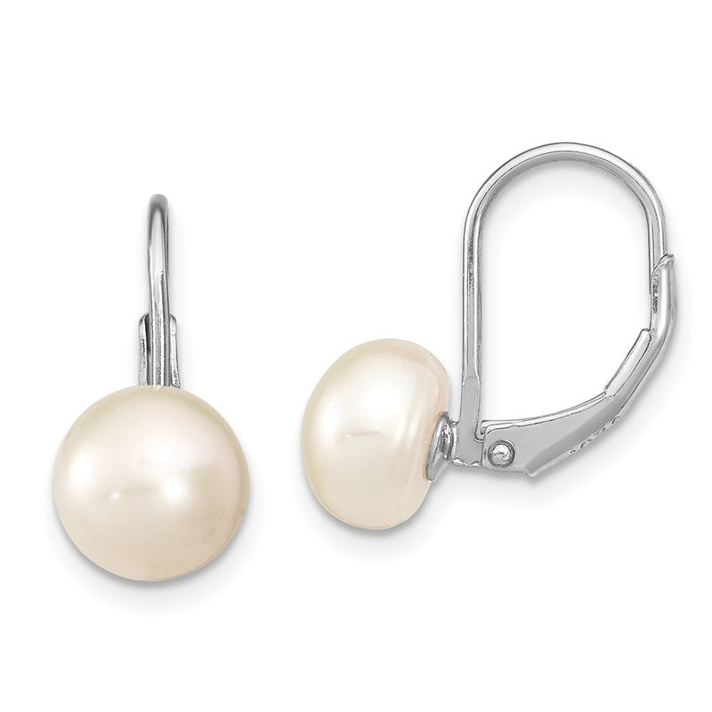Sterling Silver Rhodium-Plated Polished White 8-9mm Button Freshwater Cultured Pearl Leverback Dangle Earrings