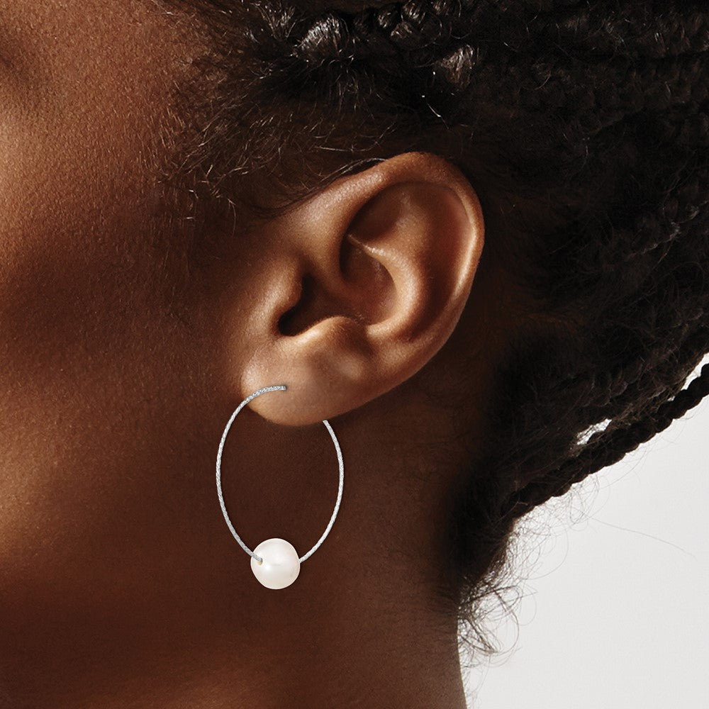 Sterling Silver Rhodium-Plated 8-9mm White Round Fwc Pearl Hoop Earrings