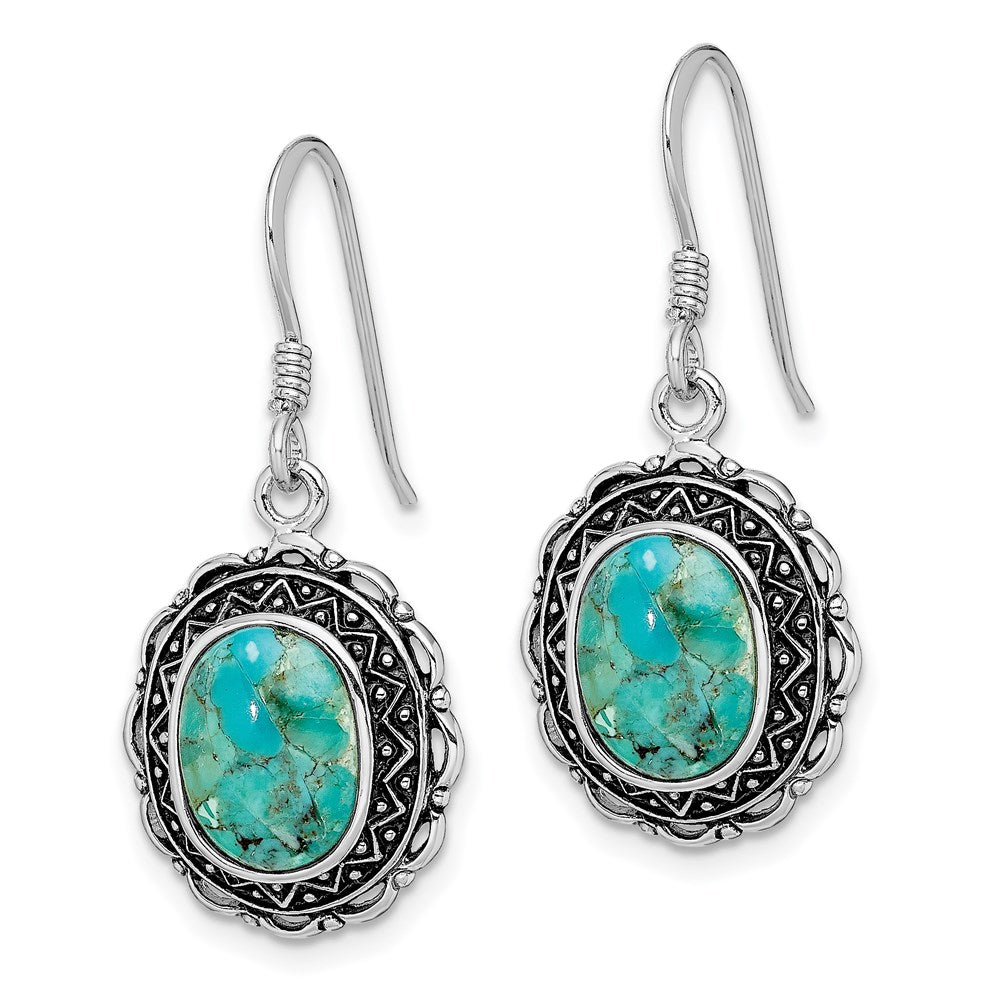 Sterling Silver Rhodium-Plated Antiqued W/Recon. Turquoise Earrings