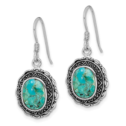 Sterling Silver Rhodium-Plated Antiqued W/Recon. Turquoise Earrings
