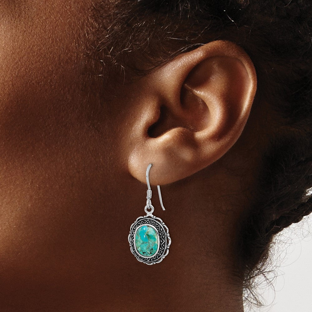 Sterling Silver Rhodium-Plated Antiqued W/Recon. Turquoise Earrings