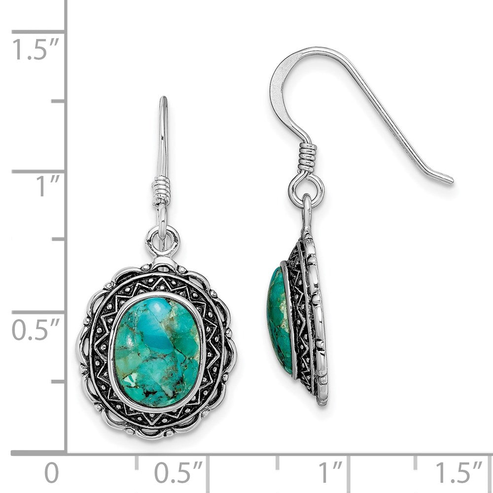 Sterling Silver Rhodium-Plated Antiqued W/Recon. Turquoise Earrings