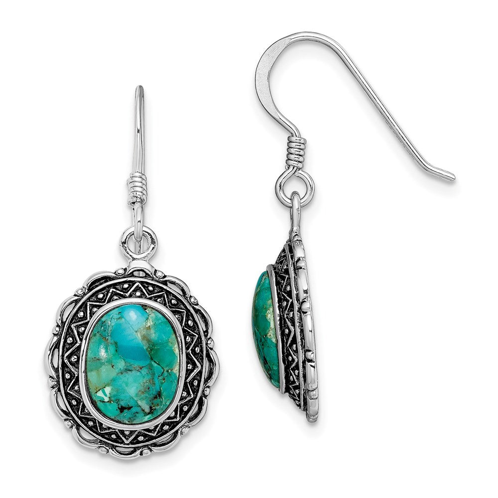 Sterling Silver Rhodium-Plated Antiqued W/Recon. Turquoise Earrings
