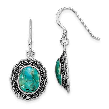 Sterling Silver Rhodium-Plated Antiqued W/Recon. Turquoise Earrings