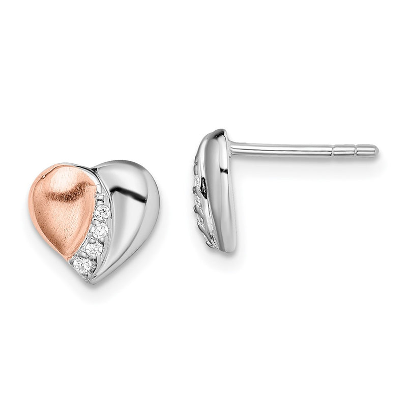 Sterling Silver Rhodium/Rose Gold-Plated Cz Heart Earrings