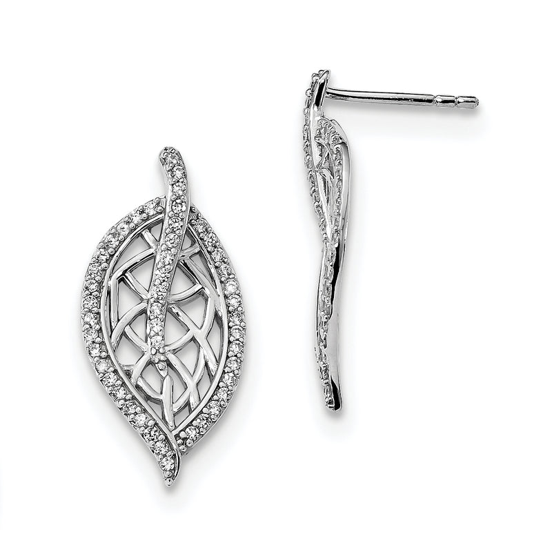 Sterling Silver Rhodium-Plated Polished With Cz Leaf Post Earrings