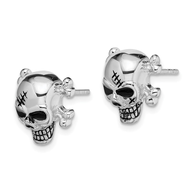 Sterling Silver Rhodium-Plated Antiqued Enameled Skull Post Earrings