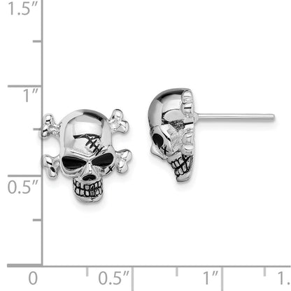 Sterling Silver Rhodium-Plated Antiqued Enameled Skull Post Earrings