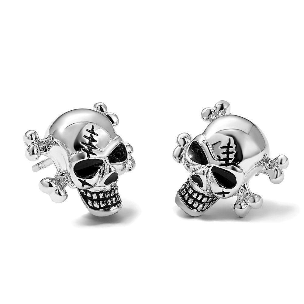 Sterling Silver Rhodium-Plated Antiqued Enameled Skull Post Earrings