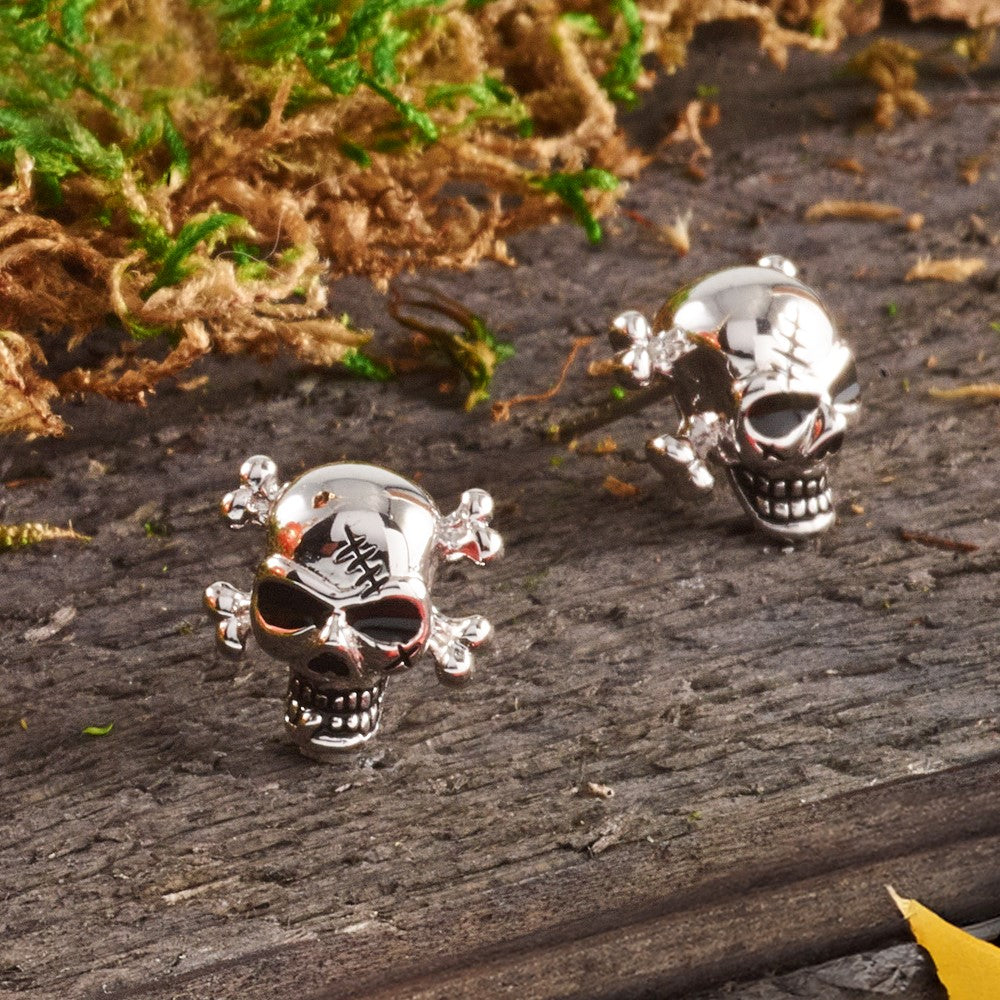 Sterling Silver Rhodium-Plated Antiqued Enameled Skull Post Earrings