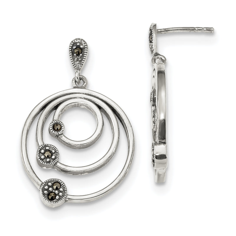 Sterling Silver Antiqued 3-Circles Marcasite Post Dangle Earrings