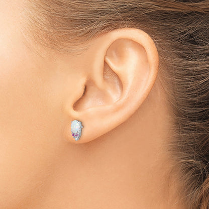 Sterling Silver Rh Plated Diamond Cr.Pink Sapp And Simulated Opal Earrings
