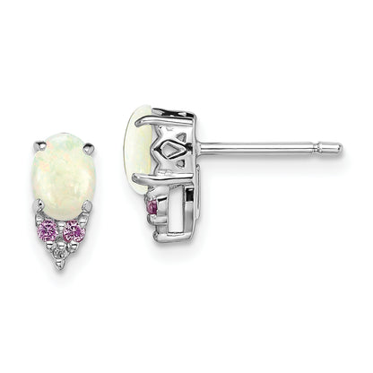 Sterling Silver Rh Plated Diamond Cr.Pink Sapp And Simulated Opal Earrings