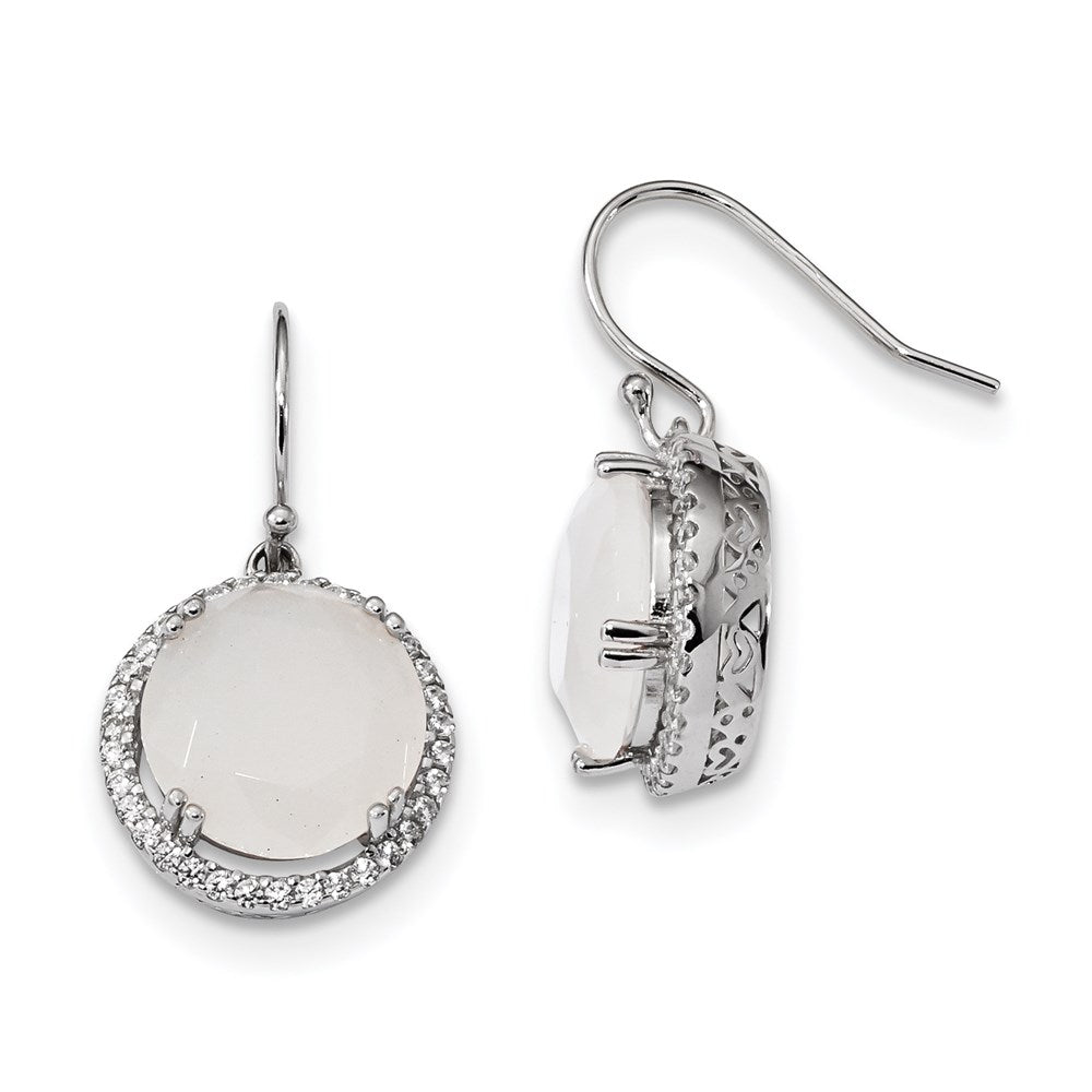 Sterling Silver Rhodium-Plated Cz & Milky White Glass Stone Earrings