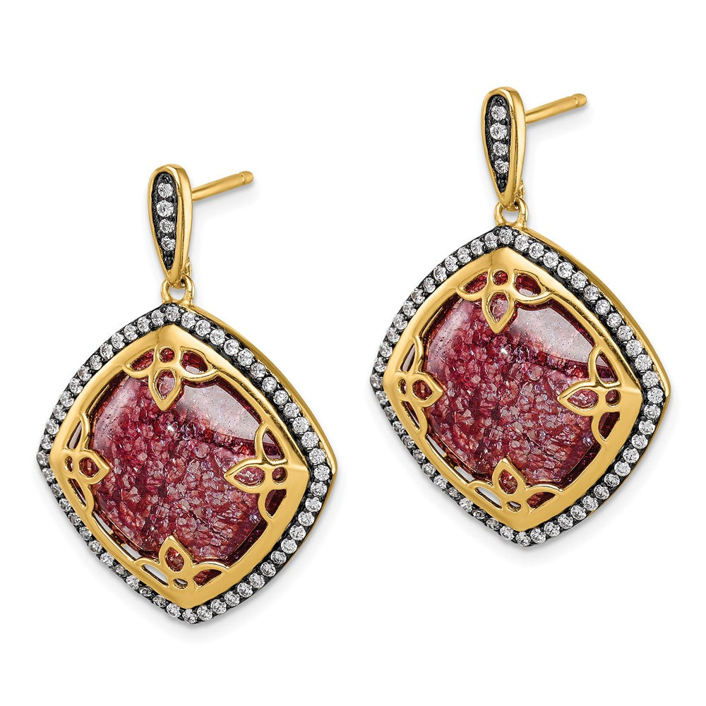 Sterling Silver Gold-Tone Cz And Cracked Red Dangle Post Earrings