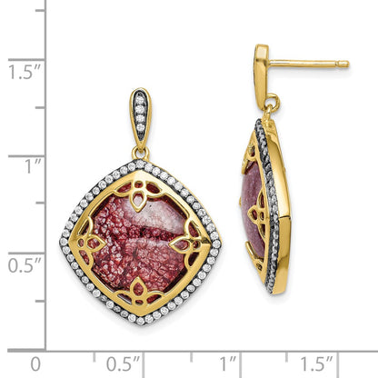 Sterling Silver Gold-Tone Cz And Cracked Red Dangle Post Earrings