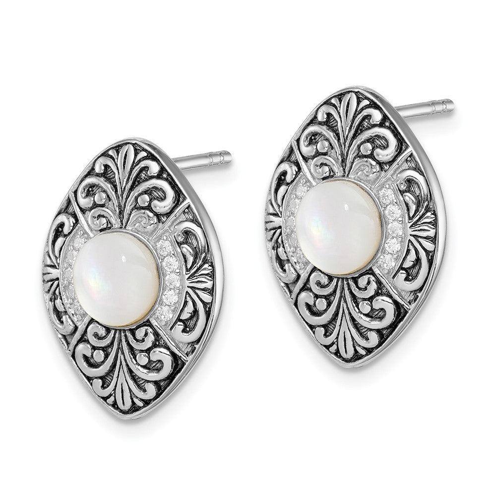 Sterling Silver Rhodium-Plated Oxidized Mop And Cz Post Earrings