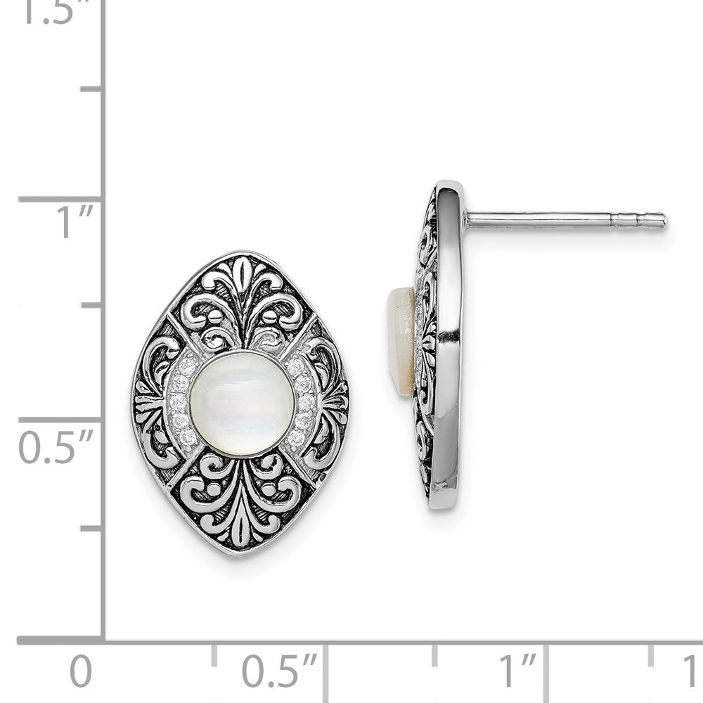 Sterling Silver Rhodium-Plated Oxidized Mop And Cz Post Earrings