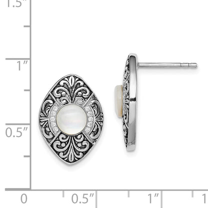 Sterling Silver Rhodium-Plated Oxidized Mop And Cz Post Earrings