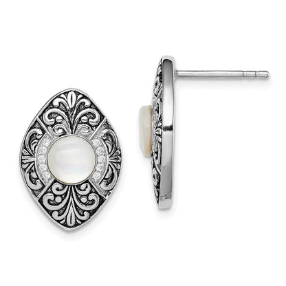 Sterling Silver Rhodium-Plated Oxidized Mop And Cz Post Earrings