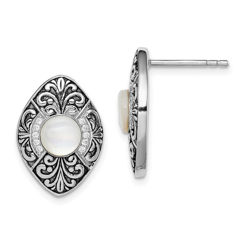 Sterling Silver Rhodium-Plated Oxidized Mop And Cz Post Earrings