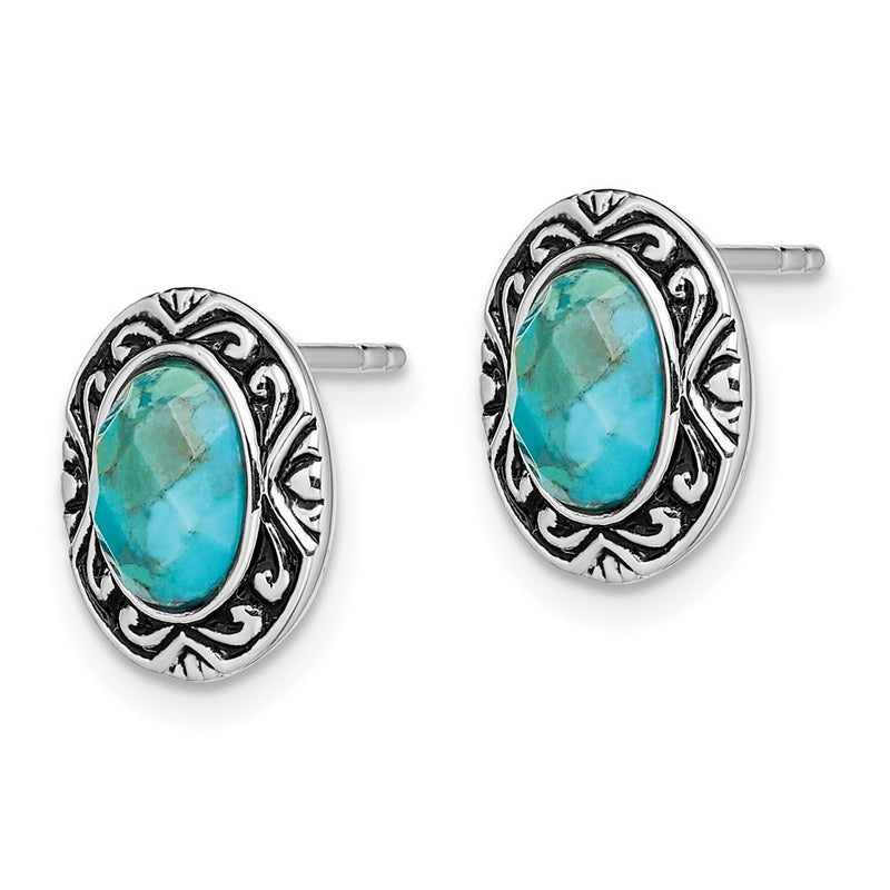 Sterling Silver Rhodium/Oxidized W/Recon. Turquoise Post Earrings