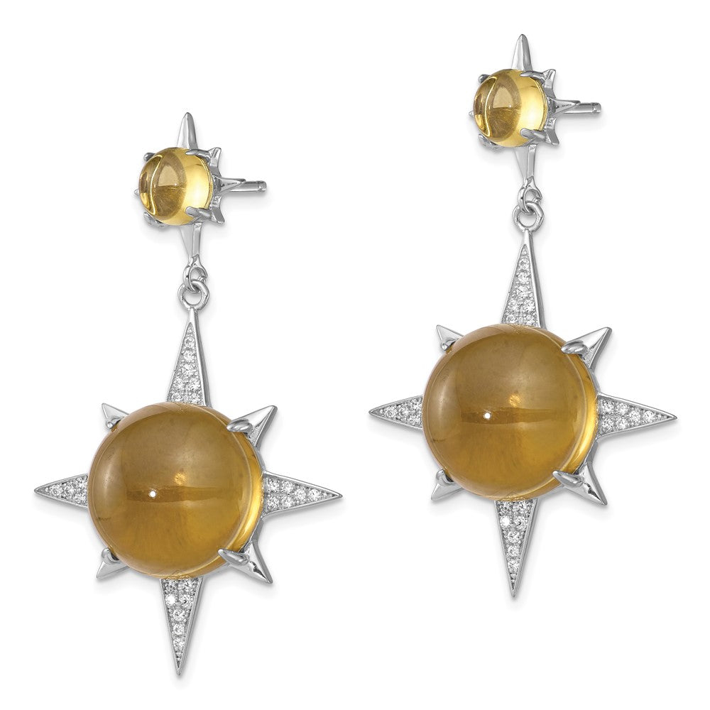 Sterling Silver Rhod-Plated Brown Glass And Cz Sunburst Post Earrings