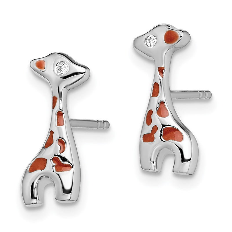 Sterling Silver Rhodium-Plated Enameled Cz Giraffe Post Earrings