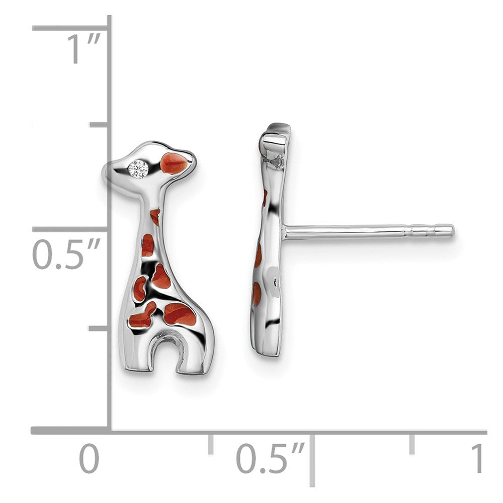 Sterling Silver Rhodium-Plated Enameled Cz Giraffe Post Earrings