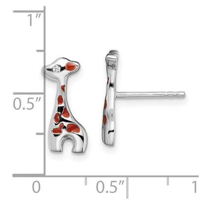 Sterling Silver Rhodium-Plated Enameled Cz Giraffe Post Earrings