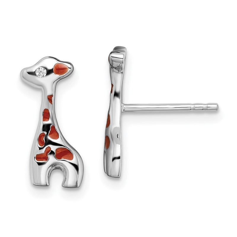 Sterling Silver Rhodium-Plated Enameled Cz Giraffe Post Earrings