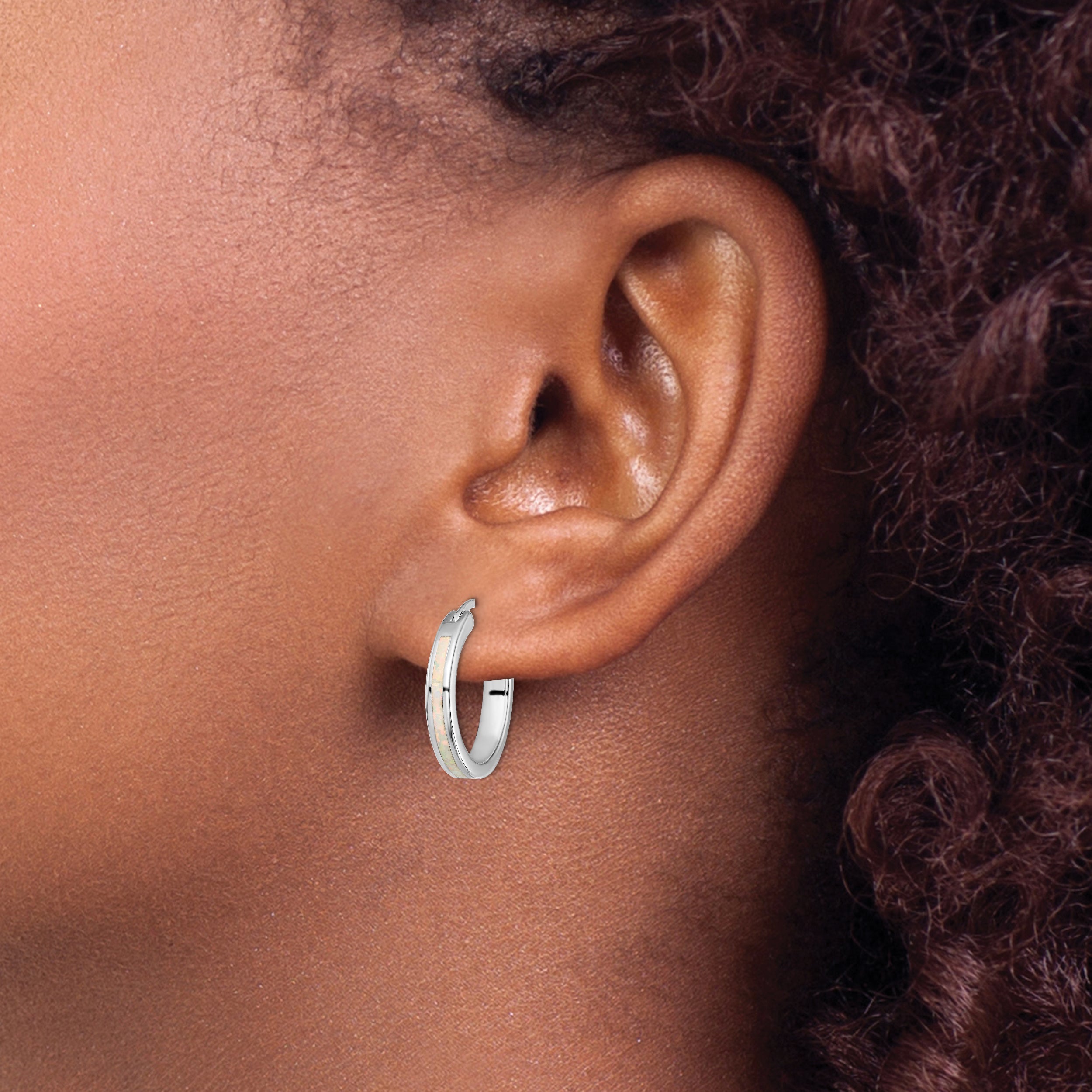 Sterling Silver Rhodium-Plated Created Opal Inlay Round Hoop Earrings
