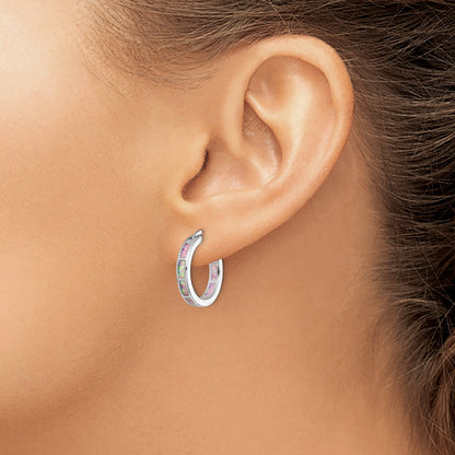 Sterling Silver Rhodium-Plated Pink Cr. Opal In/Out Round Hoop Earrings