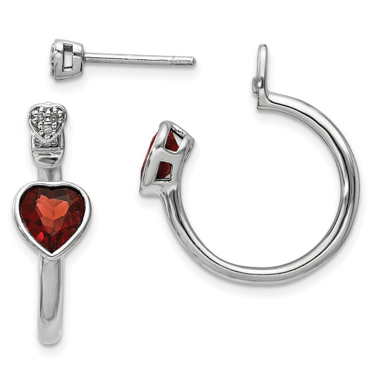 Sterling Silver Diamond & Garnet Heart Front Back Post Earrings