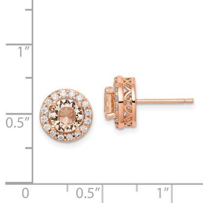 Sterling Silver Rose-Tone Round Peach Cz Halo Post Earrings