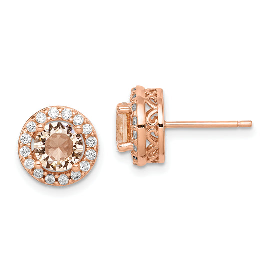 Sterling Silver Rose-Tone Round Peach Cz Halo Post Earrings
