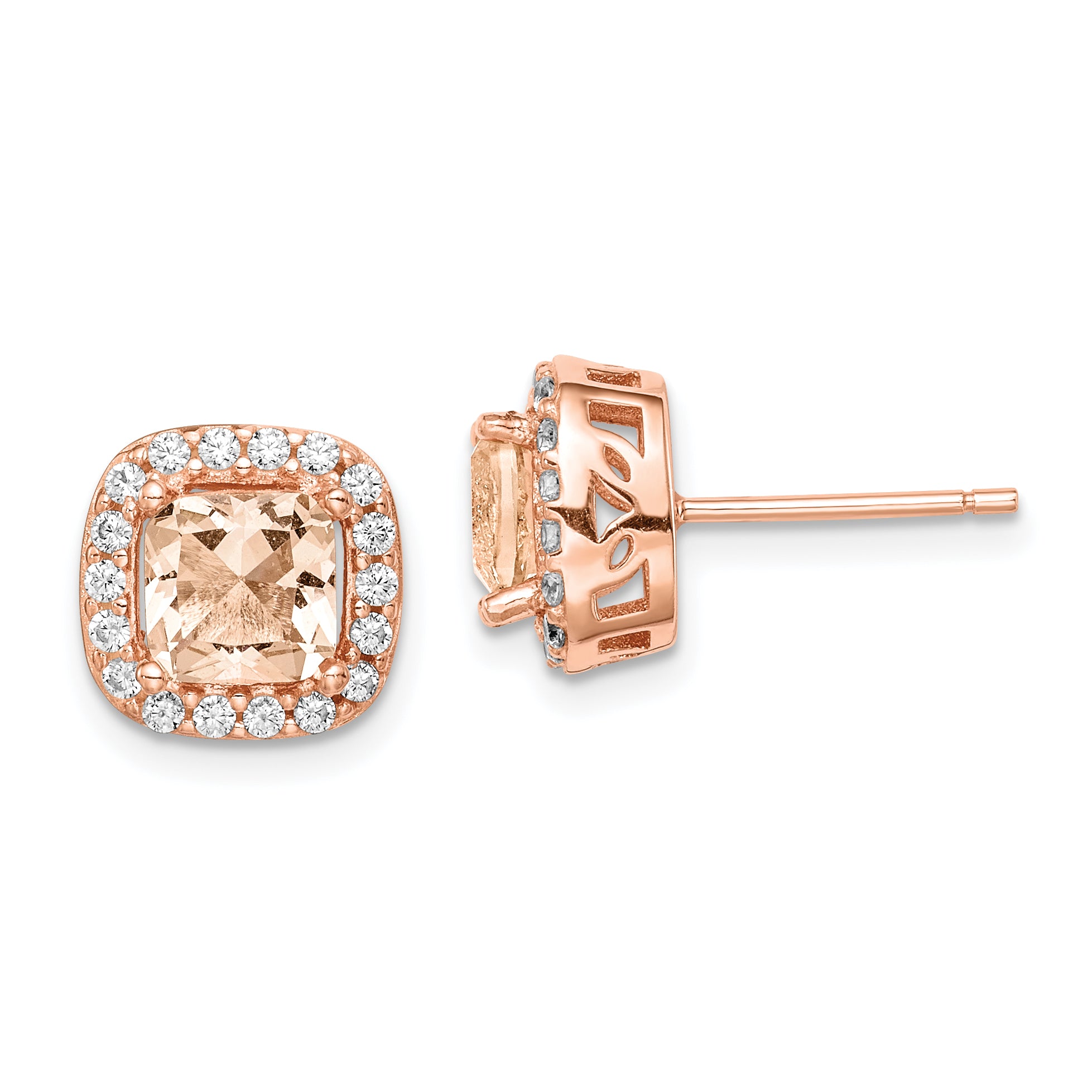 Sterling Silver Rose-Tone Square Peach Cz Halo Post Earrings