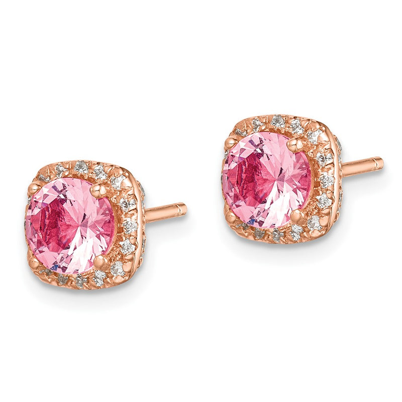 Sterling Silver Rose-Tone Square Pink Crystal Center And Cz Post Earrings