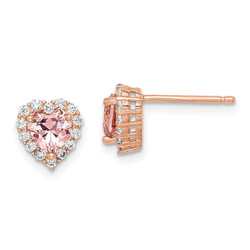 Sterling Silver Rose-Plated Post Cz And Crystal Pink Heart Earrings