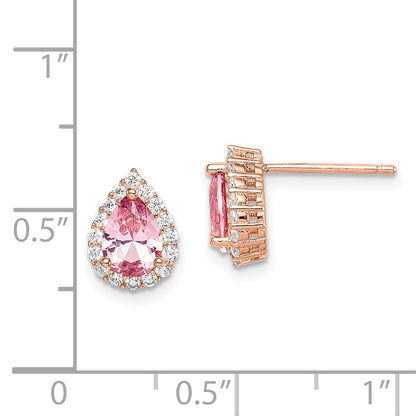 Sterling Silver Rose-Tone Post Cz And Pear Teardrop Pink Crystal Earrings