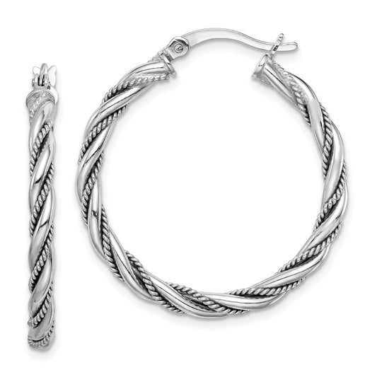 Sterling Silver Rhodium-Plated 2.5X30mm Twisted Hoop Earrings